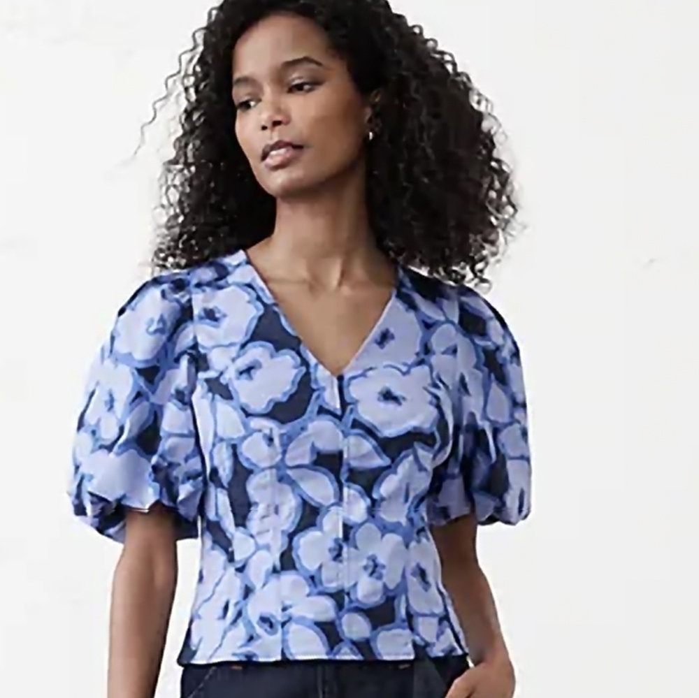 Banana Republic Blue Floral V-Neck Blouse